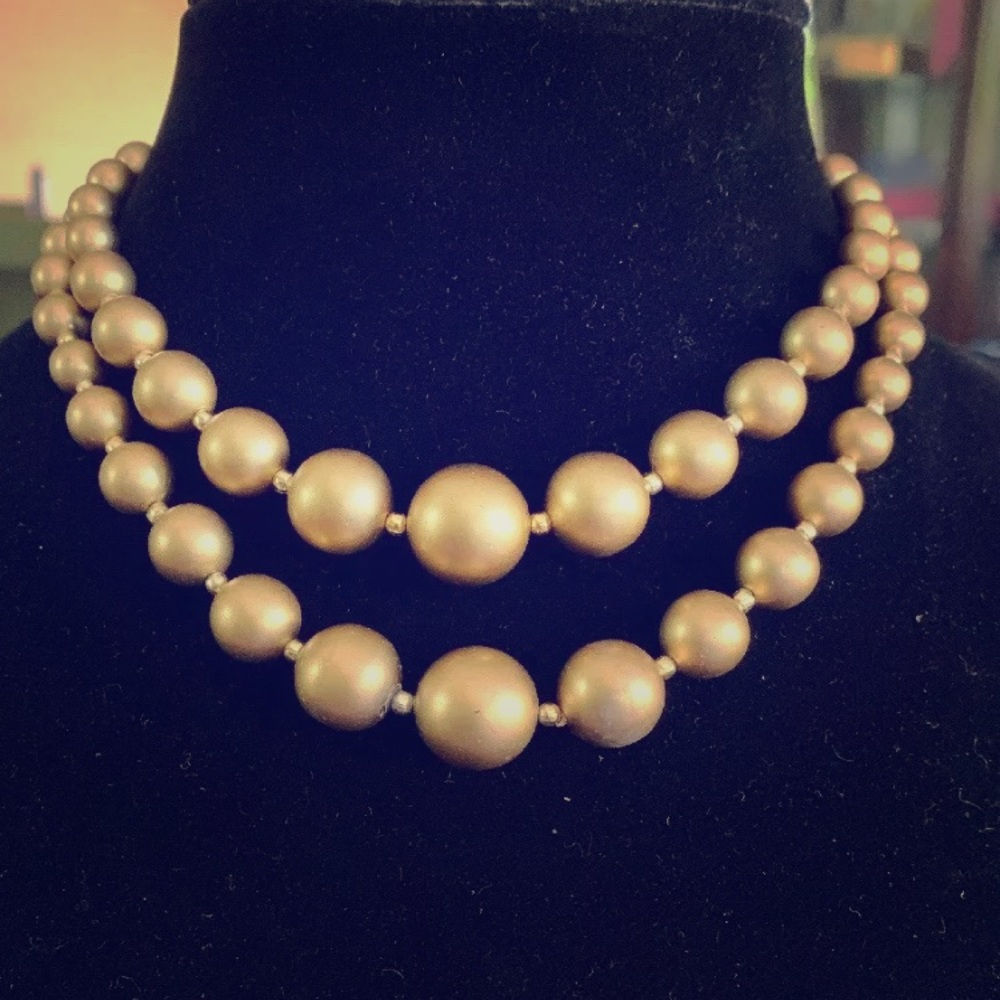 Doubled Layer Faux Pearls Goldtone Choker Japan